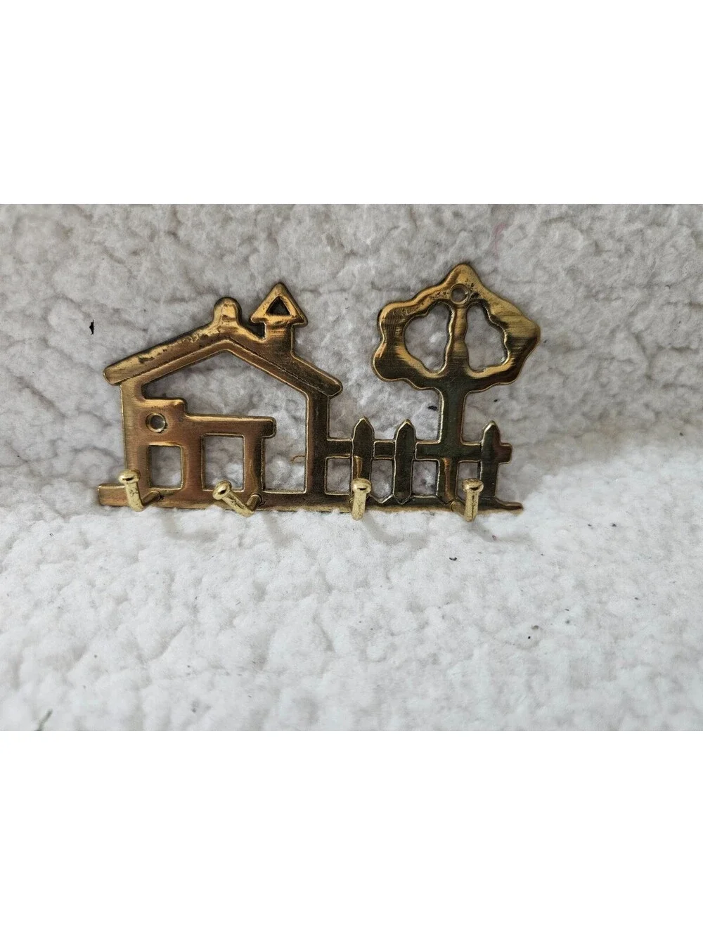 Vtg Wall Mount Key Holder House Tree Picket Fence Solid Brass 4 Key Hooks 4.5